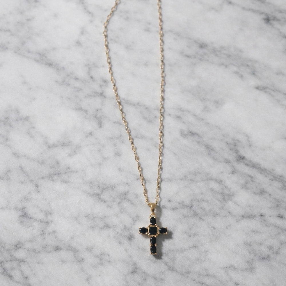 Gold Cross Pendant Necklace with Black Stones - Women's Jewelry